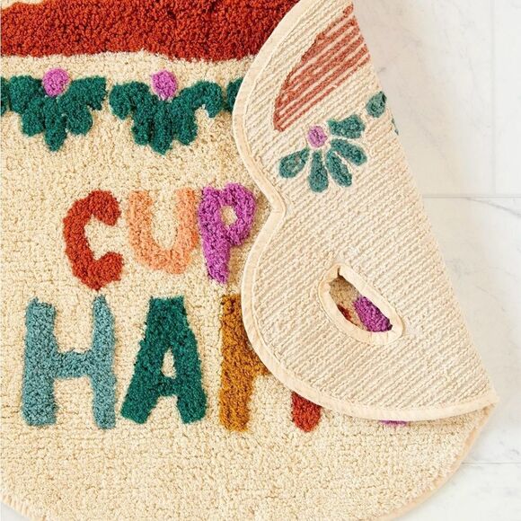 Natural Life Cotton Shaggy Bath Mat Cup of Happy Crean Multi Coffee Print OS NWT - Picture 3 of 10